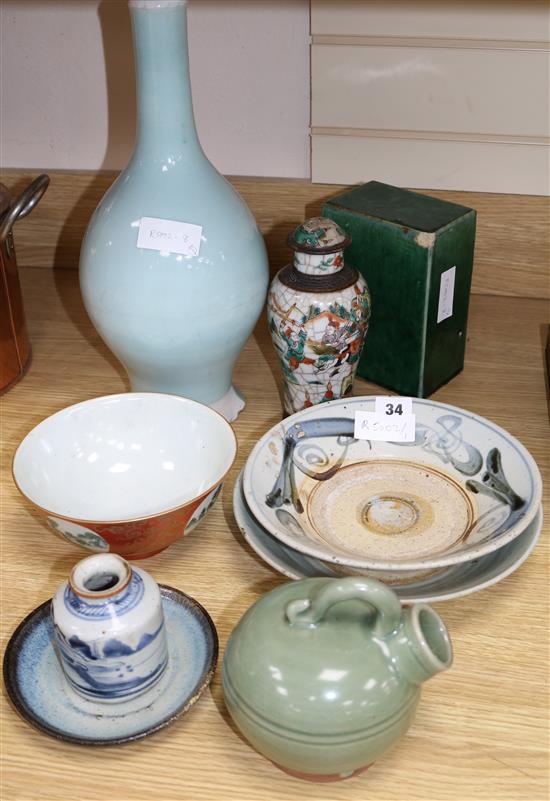 A Chinese claire-du-lune glazed bottle vase, a coral ground bowl and other Qing dynasty ceramics, vase 39cm